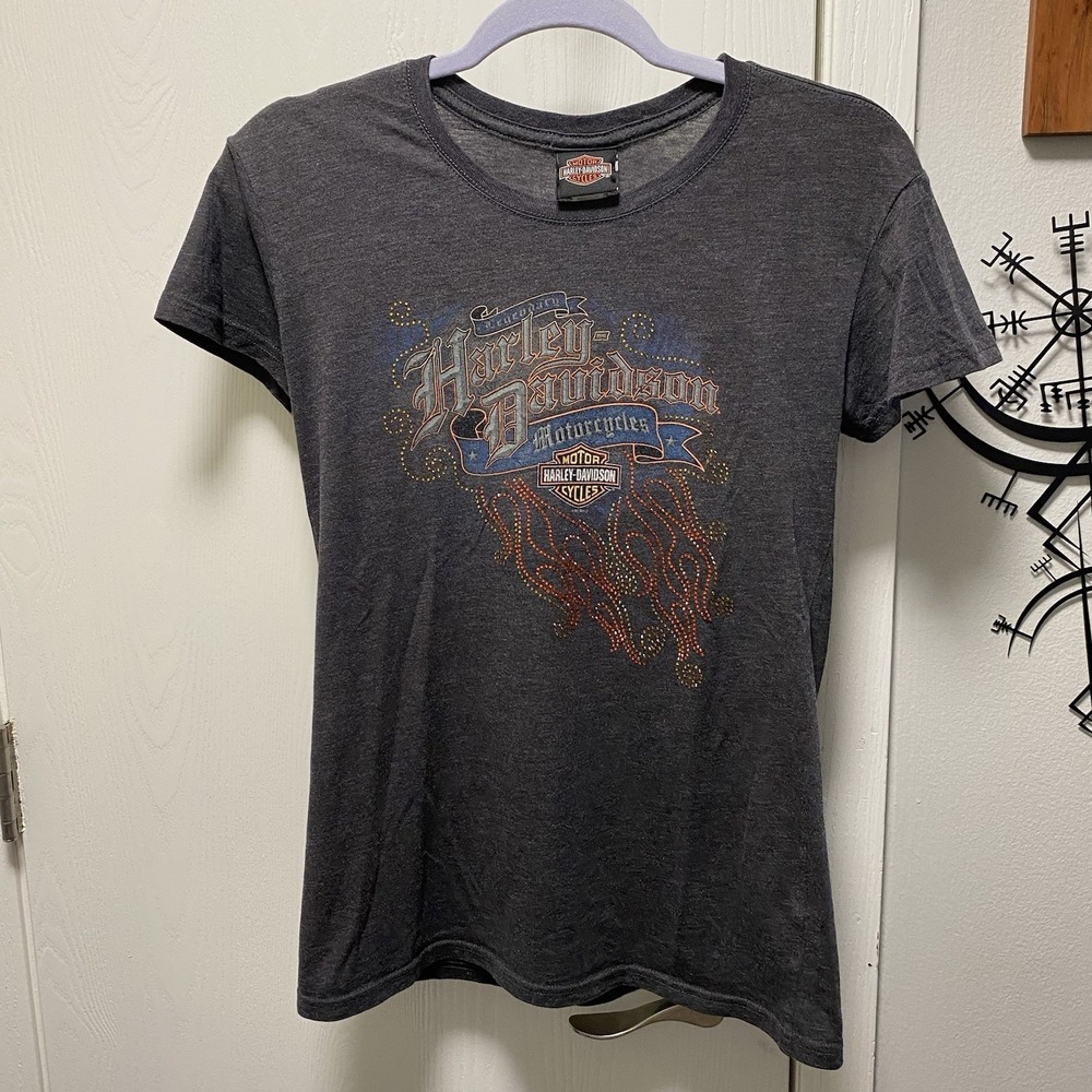 Harley Davidson Women's Embellished Moto T-shirt Short Sleeve Tee Charcoal M